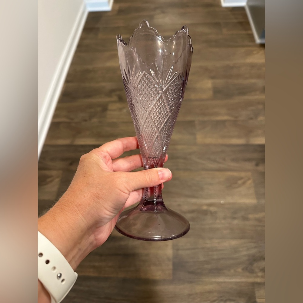 Antique EAPG Purple Glass Trumpet Vase Diamond Panel Sunburst